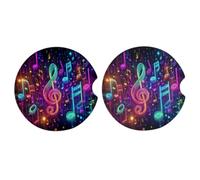 Ginfult Sottobicchieri colorati a tema note musicali per auto, confezione da 2, sottobicchieri assorbenti in ceramica per bevande con base in sughero antiscivolo