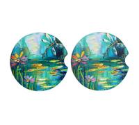 Ginfult Sottobicchieri per auto con libellula estiva dipinta a olio, confezione da 2, sottobicchieri assorbenti in ceramica per auto, con base in sughero antiscivolo