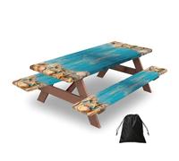 Ginfult Tovaglia da picnic in legno con copertura per panche, impermeabile, elastica, per esterni, per tavoli da 1,8 m, sabbia, stelle marine e conchiglie