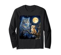 Ginger Kitten Howling at The Moon Night Sky Cat Art Maglia a Manica