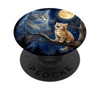 Ginger Kitten Howling at the Moon Night Sky Cat Art PopSockets PopGrip Adesivo