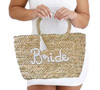 Ginger Ray Borsa da sposa in rattan intrecciato con decorazione "Bride" e nappa bianca per addio al nubilato o luna di miele, marrone