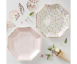 Ginger Ray Ditsy - Set di 8 piatti in carta con motivo floreale, colore: oro rosa