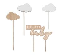 Ginger Ray HBA-104 Cake Topper-Hello Baby and Clouds-Legno, Marrone, Bianco