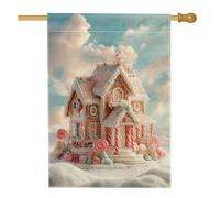 Gingerbread House Flag, bandiera natalizia fantasiosa con bastoncini di zucchero lecca-lecca, in iuta color pesca pastello su entrambi i lati, grande bandiera da giardino per esterni, cortile, prato