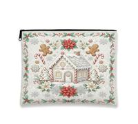 Gingerbread House Holiday Theme Christmas Makeup Bag 17,8 x 22,9 cm | Tema invernale del paese delle meraviglie, sacchetto della cerniera del trucco, accenti floreali della stella di Natale