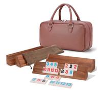 GINGHOWEN Rummy Cube Game Set 4 Players Edition,Premium 4 Wooden Racks,106 Tiles Set with Drawstring Bag,Classic Board Game with Zippered Leather Bag