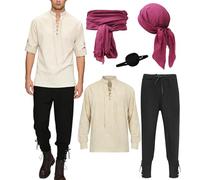 Ginkago Costume da Pirata per Uomo Set Completo con Camicia e Pantaloni, Benda per un Occhio, Bandana e Fascia Vita per Halloween Carnevale e Cosplay
