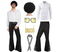 Ginkago Set di costumi da discoteca anni '70, hippie da uomo con pantaloni a zampa con glitter camicia 80s Carnevale per 50s 60s 70s Cosplay Halloween Party (argento, XL)