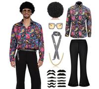 Ginkago Set di costumi da discoteca anni '70, hippie da uomo con pantaloni a zampa con glitter camicia 80s Carnevale per 50s 60s 70s Cosplay Halloween Party