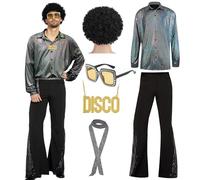 Ginkago Set di costumi da discoteca anni '70, hippie da uomo con pantaloni a zampa con glitter camicia 80s Carnevale per Halloween 50s 60s 70s Cosplay Halloween Party (nero, M)