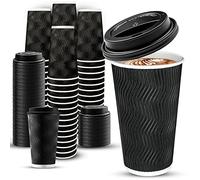 Ginkgo 100 Pack 16 oz Disposable Insulated Coffee Cups with Lids, Paper To-Go Coffee Cups for Coffee Bars, Hot Chocolate, Cocoa, and Hot Tea Drinks - Black