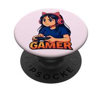 Giocatore della ragazza dell'orecchio di gatto che gioca ai videogiochi, ama il PopSockets PopGrip Adesivo