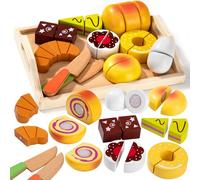 Giocattoli da Dolce, Accessori Cucina Legno Cibo per Bambini, Gioco da Taglio Alimentari Educativo di Ruolo con Pane, Ciambelle e Cioccolato, Giochi Montessori Regalo Bambino Bambina