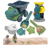 Giocattoli da spiaggia 7 pezzi, giocattoli di sabbia per dinosauri includono camion con cassone ribaltabile, annaffiatoio, pala, rastrello e stampi per sabbia, sabbiera in plastica sicura per bambi