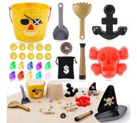 Giocattoli da Spiaggia per Bambini 29 Pezzi, Serie Pirata Giocattoli Sabbiera, con Secchiello e Paletta Bambini, Gemme, Telescopio, Bussola