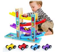 Giocattoli Montessori per più piccoli, giocattolo da pista per bambini con 4 auto e 1 parcheggio in legno, base stabile, giocattolo per rampa per auto per 2 3 anni regali per ragazzo ragazza