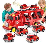 Giocattolo camion dei vigili del fuoco 5 in 1 per bambini, trasportatore ad attrito con 4 veicoli dei vigili del fuoco, giocattolo da 1 2 3 anni per bambini e bambine con luci e suoni per bambini di 4