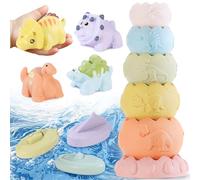 Giocattolo da bagno per bambini a partire da 1 2 anni, dinosauro per bambini, in silicone, senza muffa, senza foro, giocattolo per l'acqua per bambini, con blocchi impilabili, 3 barche da bagno