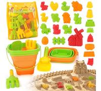 Giochi da Spiaggia Bambini 29 PCS Tema Fattoria, Set Giochi Sabbia Bambini con 2 Secchielli Pieghevoli, 22 Stampini Animali e Castello, Pala e Accessori, Giocattoli da Spiaggia per Bambini 3+ Anni