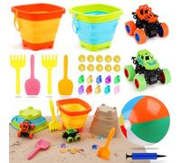 Giochi da Spiaggia Per Bambini 30 Pezzi, Set Giochi Giardino, Giocattoli Sabbiera Con Secchiello Mare 2L, 16'' Pallone Bambini Gonfiabile, Monster Truck, Gemme, Con Confezione Regalo
