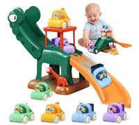 Giochi educativi per bambini di 1-2 anni: scivolo con dinosauri e 4 auto spingibili per neonati di 12-18 mesi, regali pasquali per il primo compleanno, pista auto Montessori per l'apprendimento