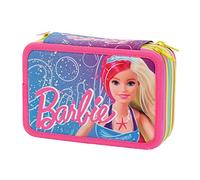 Giochi Preziosi - Astuccio a 3 Scomparti Barbie - Contiene 18 Matite Colorate, 18 Pennarelli e altri Pratici Oggetti per la Scuola,misure 13 l x 19,5 h x 6,5 p cm