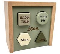 Gioco a forma di oliva, regalo personalizzato per la nascita, realizzato a mano, giocattolo in legno a partire da 1 anno, regali personalizzati etichetta per bambini, scatola con nome e dati di