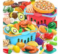 Gioco composto da 120 alimenti da tagliare per più bambini con cestini della spesa bicolore, set di cibo per giocare a cucinare per bambini piccoli, accessori da cucina giocattolo, cibo/frutta/verdura