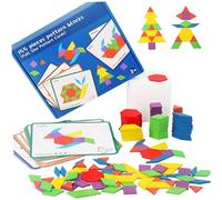 Gioco con schemi, puzzle tangram da 155 pezzi, set di blocchi in legno con 12 carte fronte-retro, giocattolo educativo con forme abbinate per matematica precoce e creatività