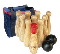 Gioco da bowling in legno, bottiglie da lancio all'aperto, gioco da prato per la famiglia, set da gioco con borsa per il trasporto (H 20 cm, 10 perni+2 palline)