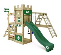 Gioco da giardino a forma di castello WICKEY DragonFlyer con altalena e scivolo verde, struttura da esterno per bambini con sabbiera, scaletta e accessori da gioco