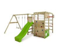 Gioco da giardino FATMOOSE ActionArena Air con altalena e scivolo verde mela, struttura da esterno per bambini con canestro da basket, scaletta e accessori per il gioco