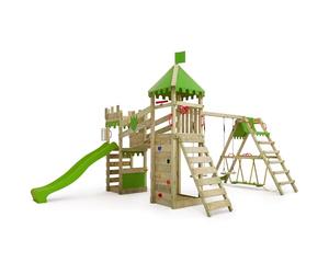 Gioco da giardino FATMOOSE RiverRun Royal a forma di castello con SurfSwing, altalena e scivolo verde mela, struttura da esterno per bambini con sabbiera, scaletta e accessori per il gioco