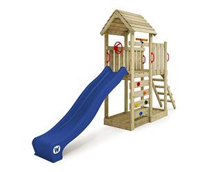 Gioco da giardino WICKEY JoyFlyer con tetto in legno e scivolo blu, struttura da esterno per bambini con sabbiera, scaletta e accessori da gioco