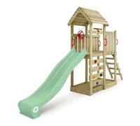 Gioco da giardino WICKEY JoyFlyer con tetto in legno e scivolo, struttura da esterno per bambini con sabbiera, scaletta e accessori da gioco (verde pastello)