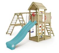 Gioco da giardino WICKEY RocketFlyer con tetto in legno, altalena e scivolo, struttura da esterno per bambini con sabbiera, scaletta e accessori da gioco - turchese