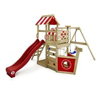 Gioco da giardino WICKEY SeaFlyer con altalena e scivolo rosso, struttura da esterno per bambini con sabbiera, scaletta e accessori da gioco