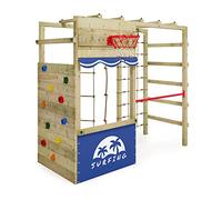 Gioco da giardino WICKEY Smart Action in legno per bambini con telone blu, struttura con parete da arrampicata, canestro da basket e accessori da gioco
