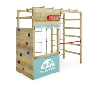 Gioco da giardino WICKEY Smart Action in legno per bambini con telone, struttura con parete da arrampicata, canestro da basket e accessori da gioco (blu pastello)