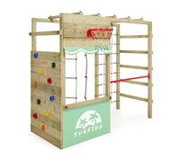 Gioco da giardino WICKEY Smart Action in legno per bambini con telone, struttura con parete da arrampicata, canestro da basket e accessori da gioco (verde pastello)