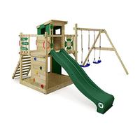 Gioco da giardino WICKEY Smart Camp con altalena e scivolo verde, struttura da esterno per bambini con sabbiera, scaletta e accessori da gioco