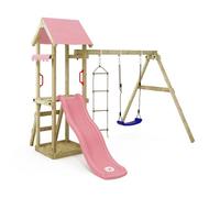 Gioco da giardino WICKEY TinyCabin con altalena e scivolo rosa pastello, struttura da esterno per bambini con sabbiera, scaletta e accessori da gioco