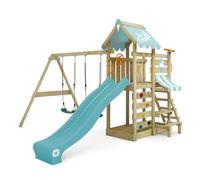 Gioco da giardino WICKEY VanillaFlyer con altalena, telone e scivolo, struttura da esterno per bambini con sabbiera, scaletta e accessori da gioco - blu pastello