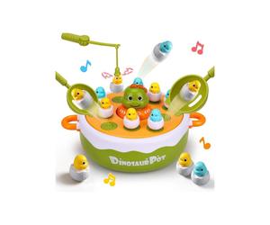 Gioco da tavolo pop-up 4 in 1 con dinosauri per bambini: pesca magnetica, gioco girevole musicale, bowling, tris.
