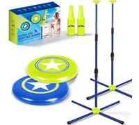Gioco di lancio della bottiglia con asta in metallo regolabile con base a croce, contatore dei punteggi, disco volante flessibile in PE e borsa portaoggetti, funziona su tutte le superfici piane per