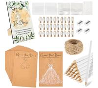 Gioco di nozze Guess the Dress, set da 101 pezzi, con supporto, 30 biglietti in carta kraft, 17,6 cm, matite colorate, temperamatite, mollette a cuore, corda di iuta, addio al nubilato, attività per