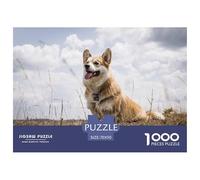 Gioco educativo classico del Corgi Gallese di Pembroke, puzzle da 1000 pezzi per adulti e bambini - Un corgi è seduto nell'erba alta sotto le nuvole. puzzle misterioso, 70x50 cm