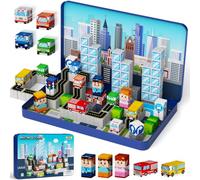 Gioco Magnetico Bambini Macchinine Città: 100 Pezzi Scatola Metallo 2 Bimbi | Grande base di gioco 29 cm per 2 bambini dai 3 anni in treno e hotel, magneti N32 potenti per costruire in tutta sicurezza