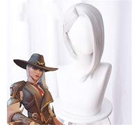 Gioco OW Ashe Parrucca Cosplay 35 cm Capelli lisci sintetici Ow Parrucche da gioco Parrucca da gioco in costume bianco-argento + Cappellino parrucca